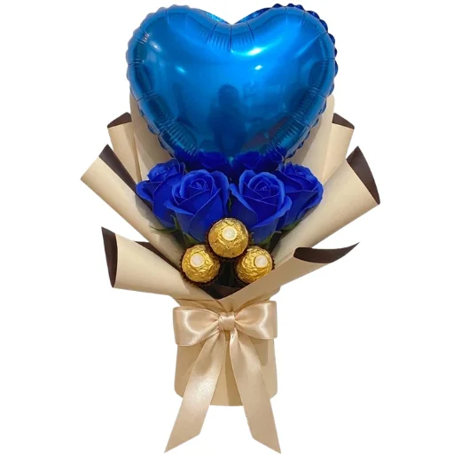 Ramo de bombones con 4 rosas azules y globo